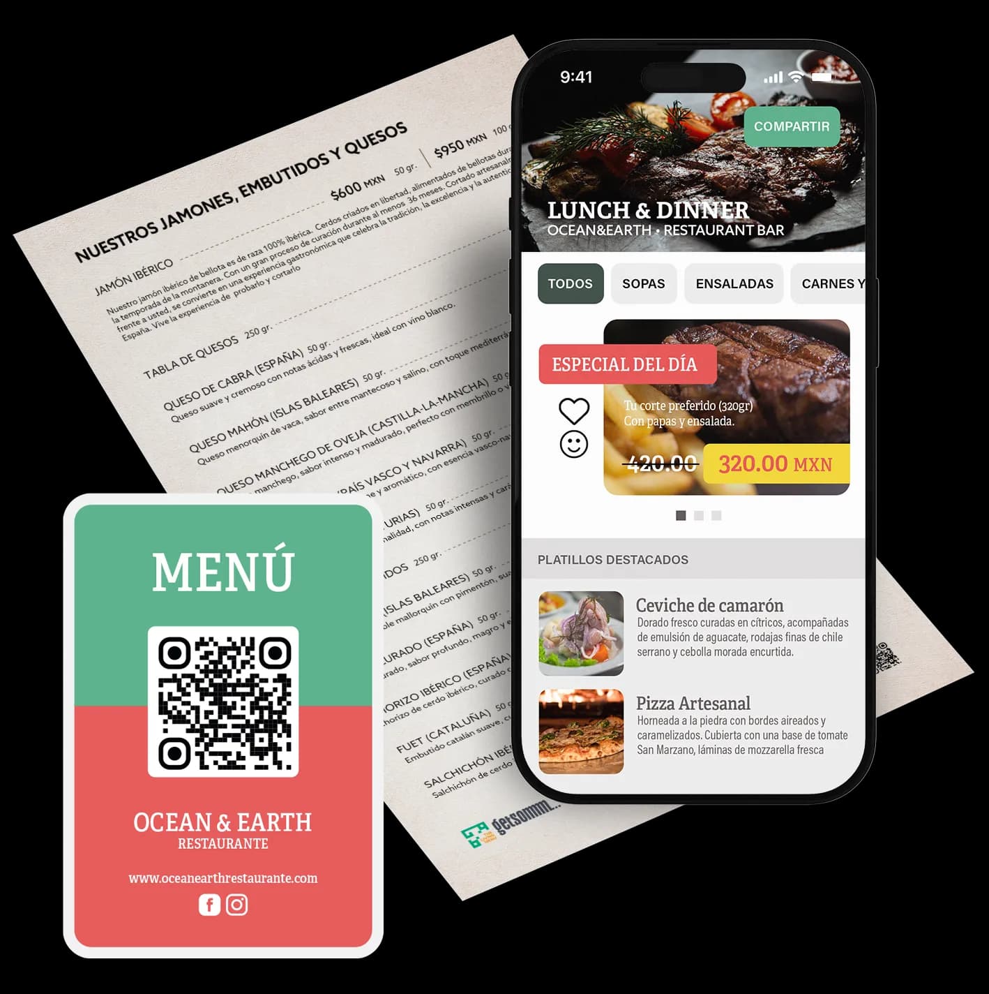 Printed restaurant menu, permanent QR and GETSOMMM mobile menu
